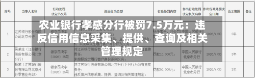 农业银行孝感分行被罚7.5万元：违反信用信息采集、提供、查询及相关管理规定