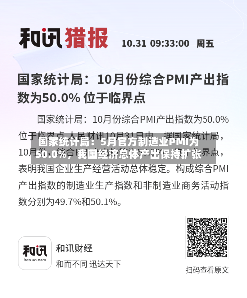 国家统计局：5月官方制造业PMI为50.0%	，我国经济总体产出保持扩张-第2张图片