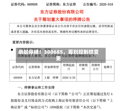 明起停牌！300685，筹划控制权变更