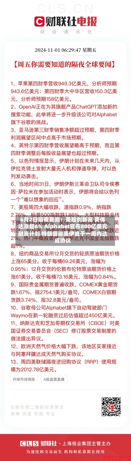 6月2日隔夜要闻:美股创新高 英伟达涨超6% Alphabet宣布800亿美元融资计划 特朗普称美伊或于一周内达成协议-第3张图片
