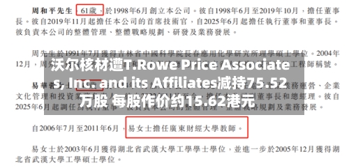 沃尔核材遭T.Rowe Price Associates, Inc. and its Affiliates减持75.52万股 每股作价约15.62港元