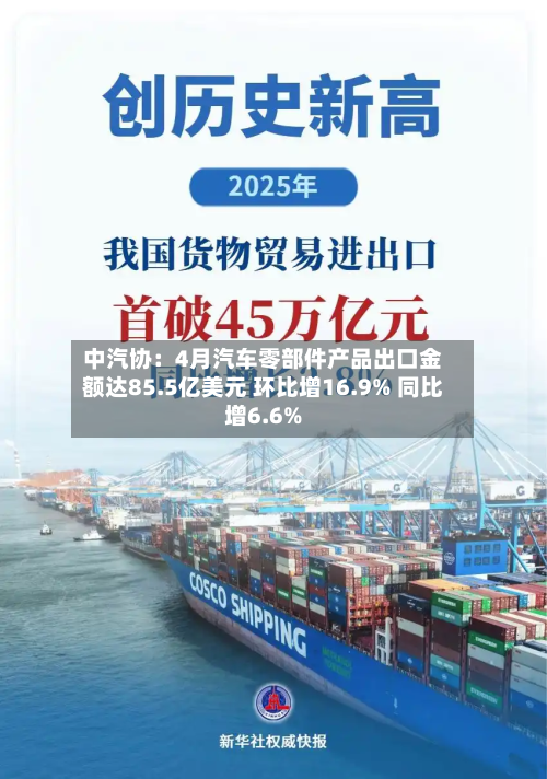 中汽协:4月汽车零部件产品出口金额达85.5亿美元 环比增16.9% 同比增6.6%-第2张图片