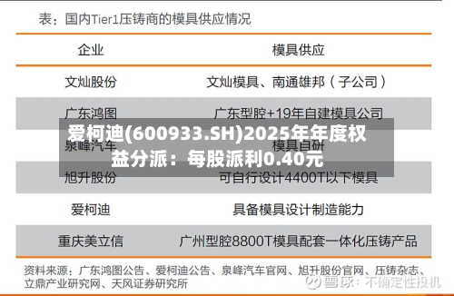 爱柯迪(600933.SH)2025年年度权益分派：每股派利0.40元