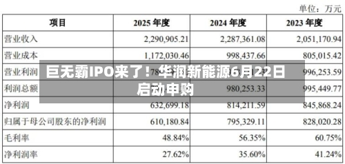 巨无霸IPO来了！华润新能源6月22日启动申购