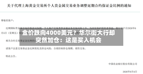 金价跌向4000美元？华尔街大行却突然加仓：这是买入机会