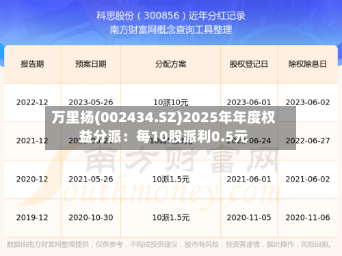万里扬(002434.SZ)2025年年度权益分派：每10股派利0.5元