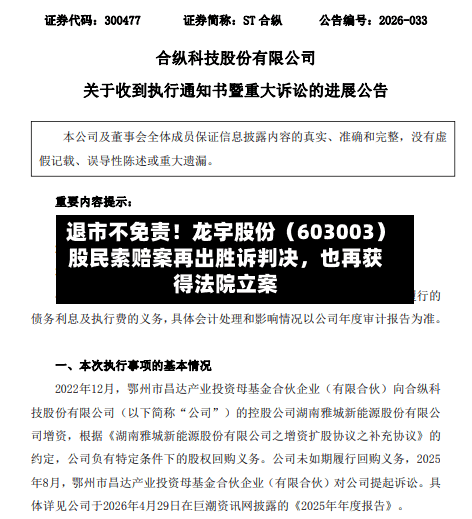 退市不免责！龙宇股份（603003）股民索赔案再出胜诉判决，也再获得法院立案-第3张图片